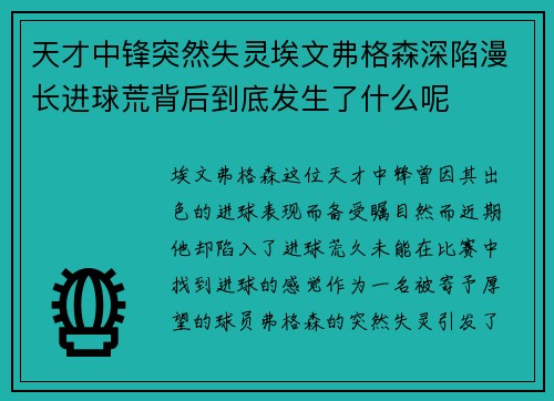天才中锋突然失灵埃文弗格森深陷漫长进球荒背后到底发生了什么呢
