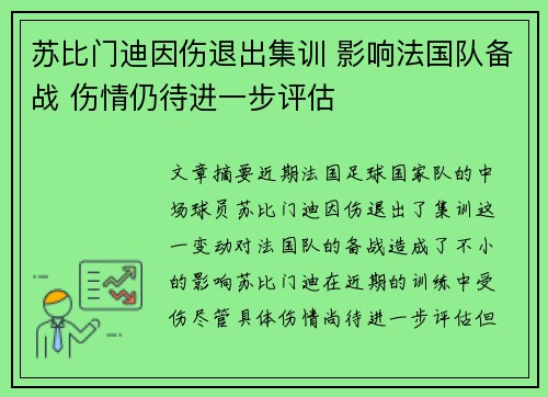苏比门迪因伤退出集训 影响法国队备战 伤情仍待进一步评估 苏比门迪因伤退出集训 影响法国队备战 伤情仍待进一步评估